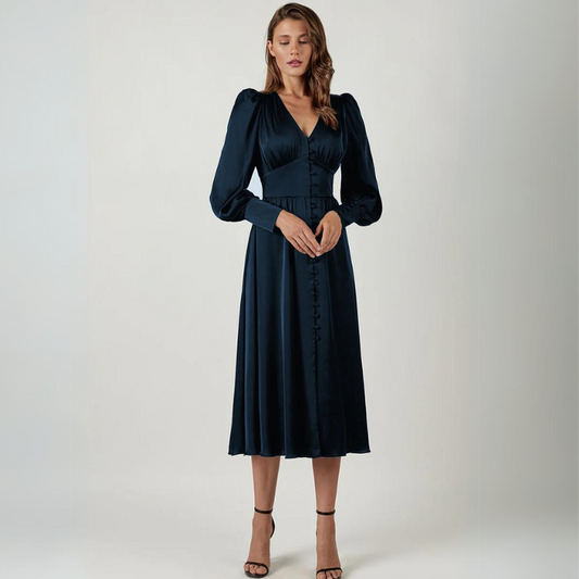 Lyria® | Robe Longue Boutonnée à Manches Bouffantes