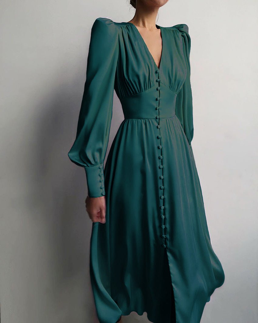 Lyria® | Robe Longue Boutonnée à Manches Bouffantes